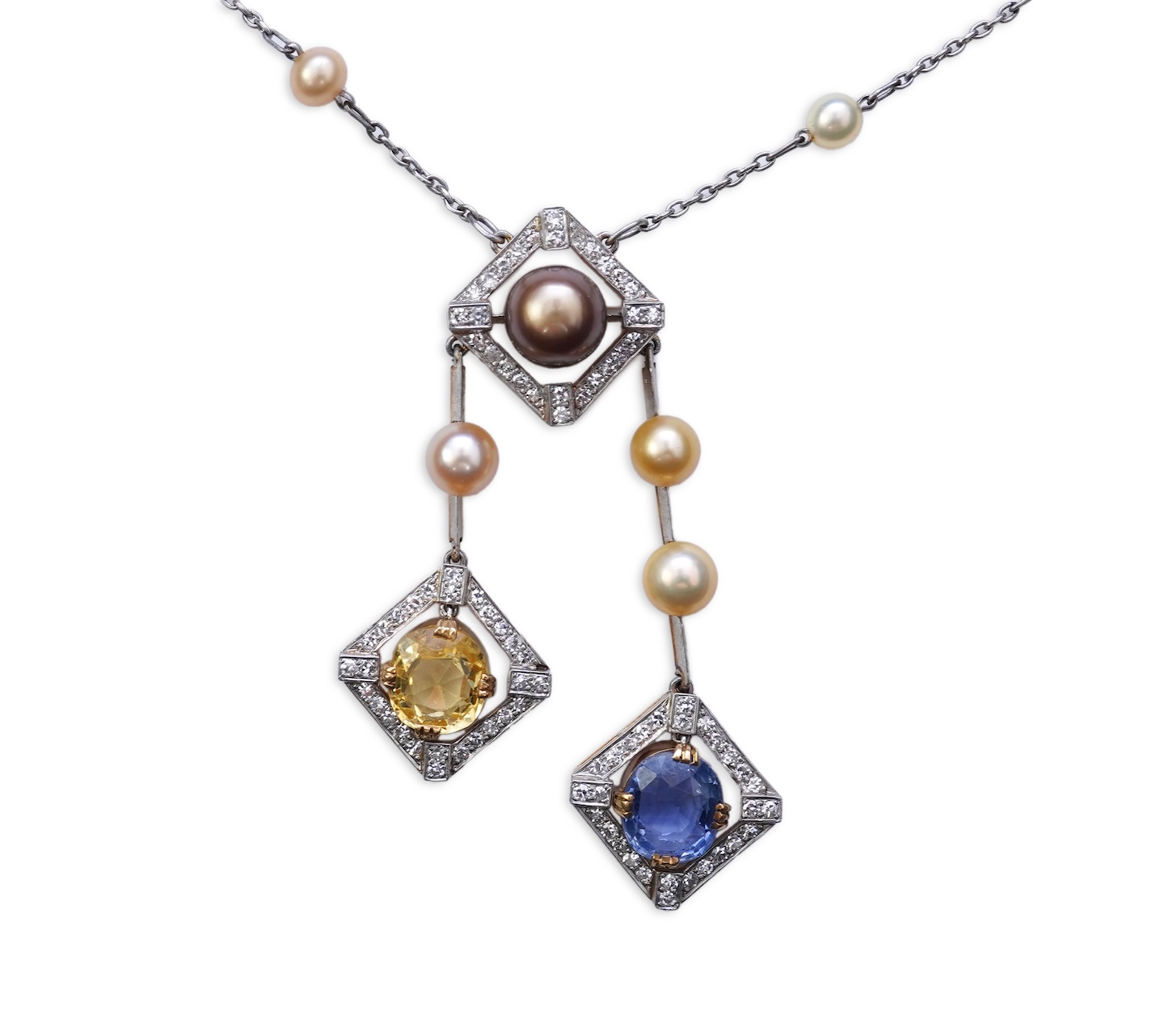 An Art Deco sapphire, natural pearl and diamond necklace, circa 1920